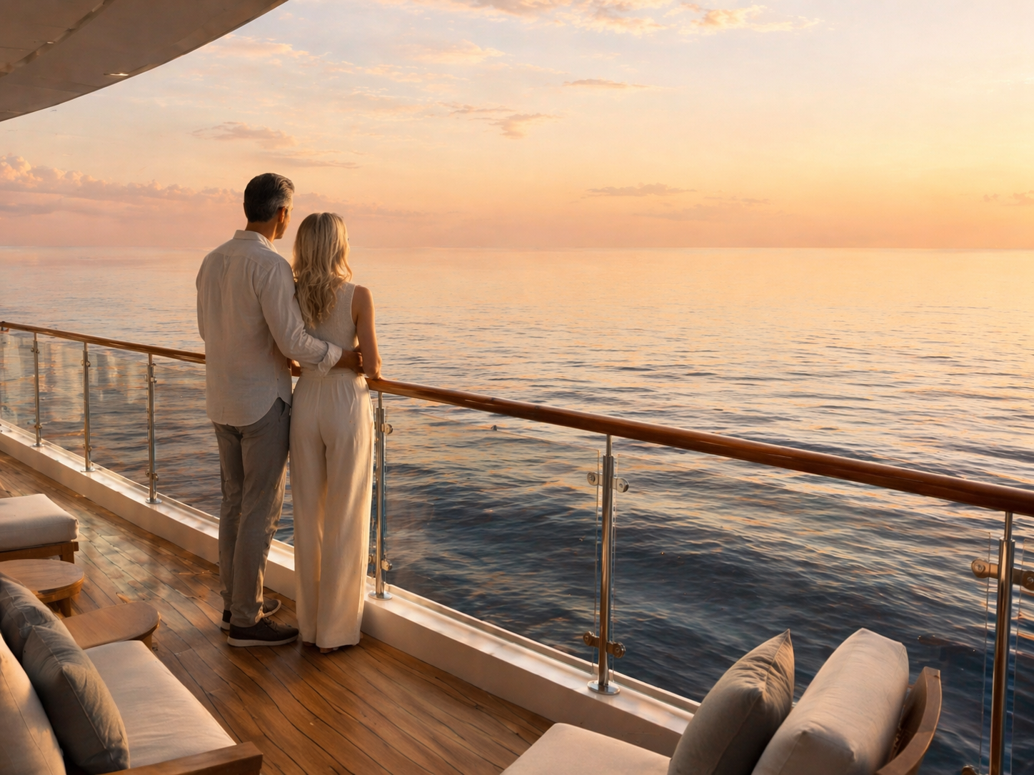 Couple on a luxury cruise ship deck overlooking the ocean at sunset